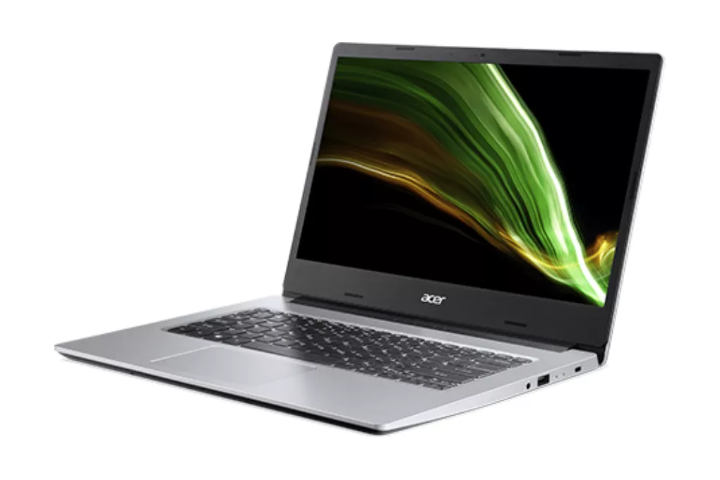 Laptop Acer Aspire berwarna perak dalam posisi terbuka menampilkan layar dengan wallpaper abstrak hijau.