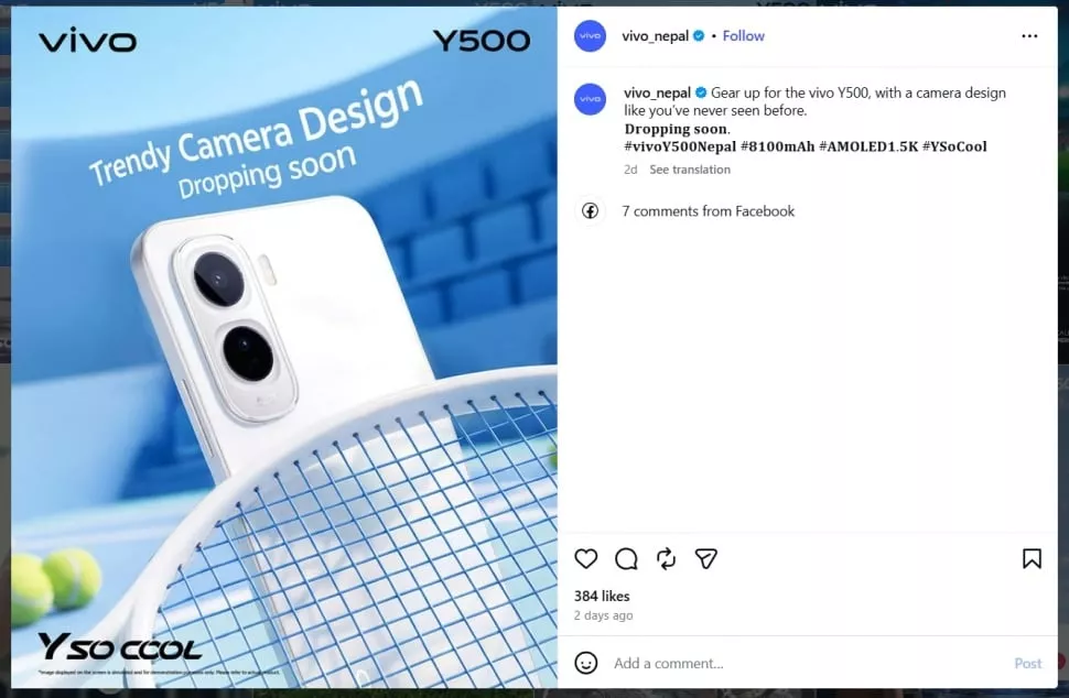 Tangkapan layar unggahan Instagram resmi teaser Vivo Y500 4G yang menampilkan desain modul kamera belakang ganda.