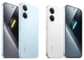 Desain bodi depan dan belakang smartphone Poco X8 Pro warna biru muda dan putih dengan layar beraksen cahaya futuristik.
