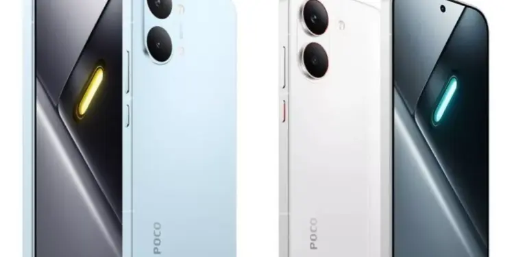 Desain bodi depan dan belakang smartphone Poco X8 Pro warna biru muda dan putih dengan layar beraksen cahaya futuristik.