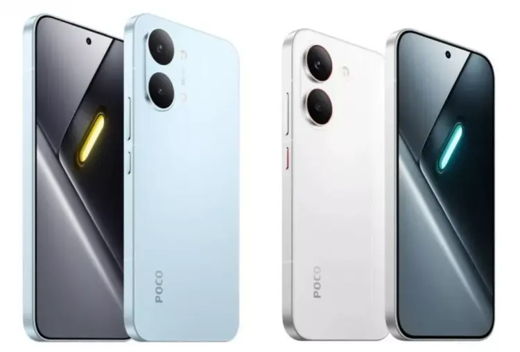 Desain bodi depan dan belakang smartphone Poco X8 Pro warna biru muda dan putih dengan layar beraksen cahaya futuristik.