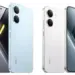 Desain bodi depan dan belakang smartphone Poco X8 Pro warna biru muda dan putih dengan layar beraksen cahaya futuristik.