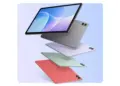 Deretan pilihan warna tablet Infinix dengan slot SIM card yang menampilkan varian abu-abu, ungu, hijau, dan merah muda.