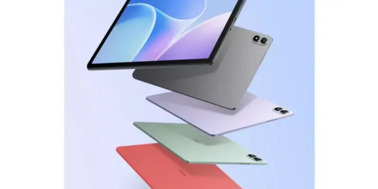 Deretan pilihan warna tablet Infinix dengan slot SIM card yang menampilkan varian abu-abu, ungu, hijau, dan merah muda.