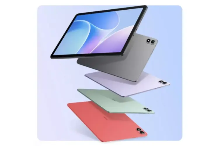 Deretan pilihan warna tablet Infinix dengan slot SIM card yang menampilkan varian abu-abu, ungu, hijau, dan merah muda.