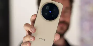 Seseorang sedang memegang Vivo X500 Pro Max varian warna gold, memperlihatkan detail modul kamera Zeiss T* secara langsung.