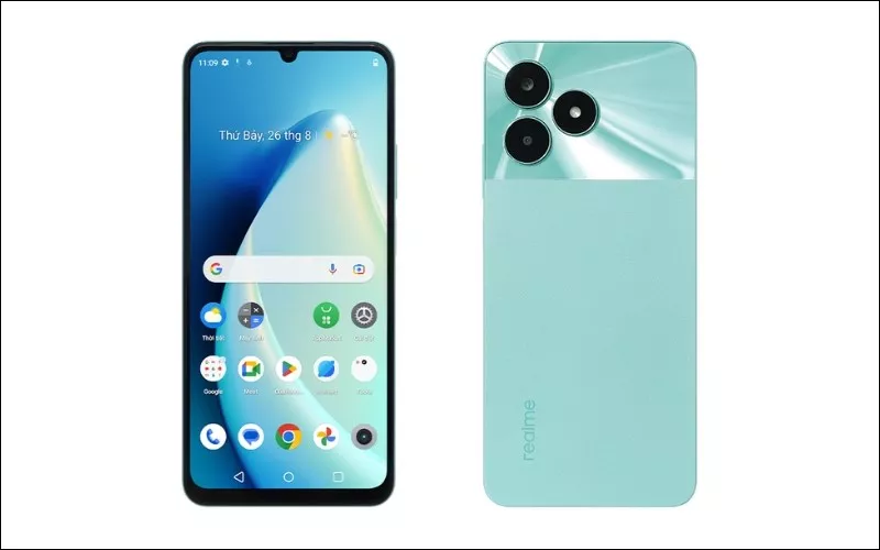 Tampilan depan dan belakang HP Realme 1 jutaan warna hijau tosca dengan fitur NFC.