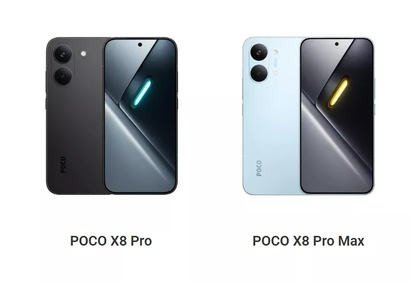 Perbandingan gambar render resmi POCO X8 Pro warna hitam dan POCO X8 Pro Max warna biru muda secara berdampingan.