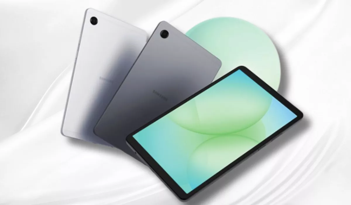 Tampilan sisi depan layar dan dua varian warna bodi belakang perak serta abu-abu dari tablet Samsung Galaxy Tab berfitur SIM card.