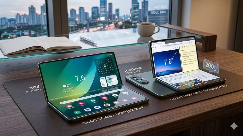 Render konsep Foldable Samsung Galaxy Z Fold 8 dan Z Fold Wide di atas meja