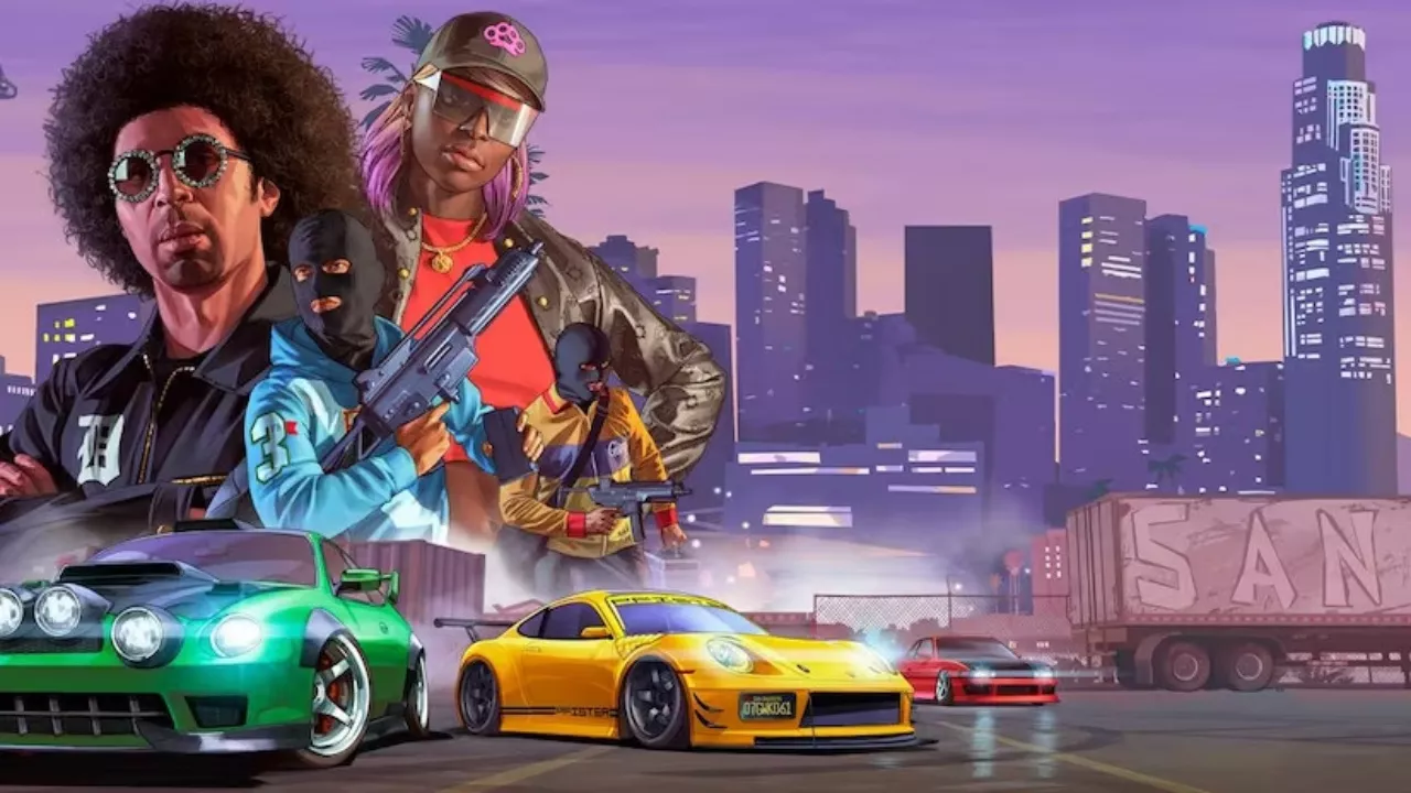 Ilustrasi karakter bertopeng memegang senjata dan mobil balap modifikasi di GTA 6