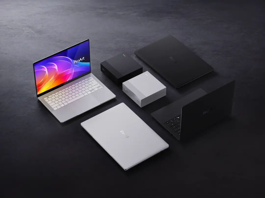 Jajaran laptop kreator profesional ASUS AI PC terbaru dari seri ProArt P16 dan ProArt P14 dalam pilihan warna Neo White serta Nano Black.