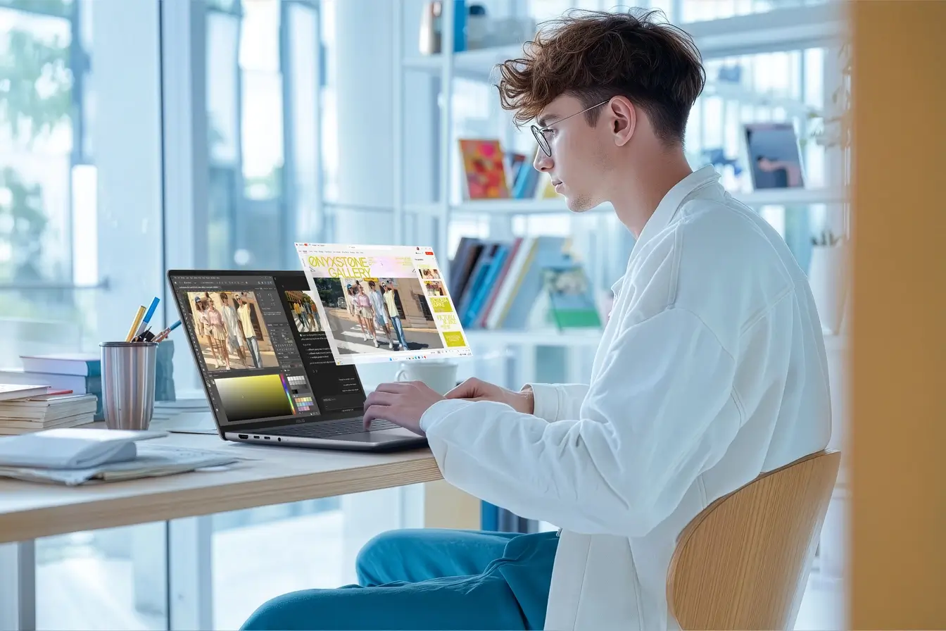 Seorang pengguna sedang produktif memanfaatkan laptop tipis ASUS AI PC terbaru dari lini Zenbook atau Vivobook untuk kebutuhan multitasking harian.