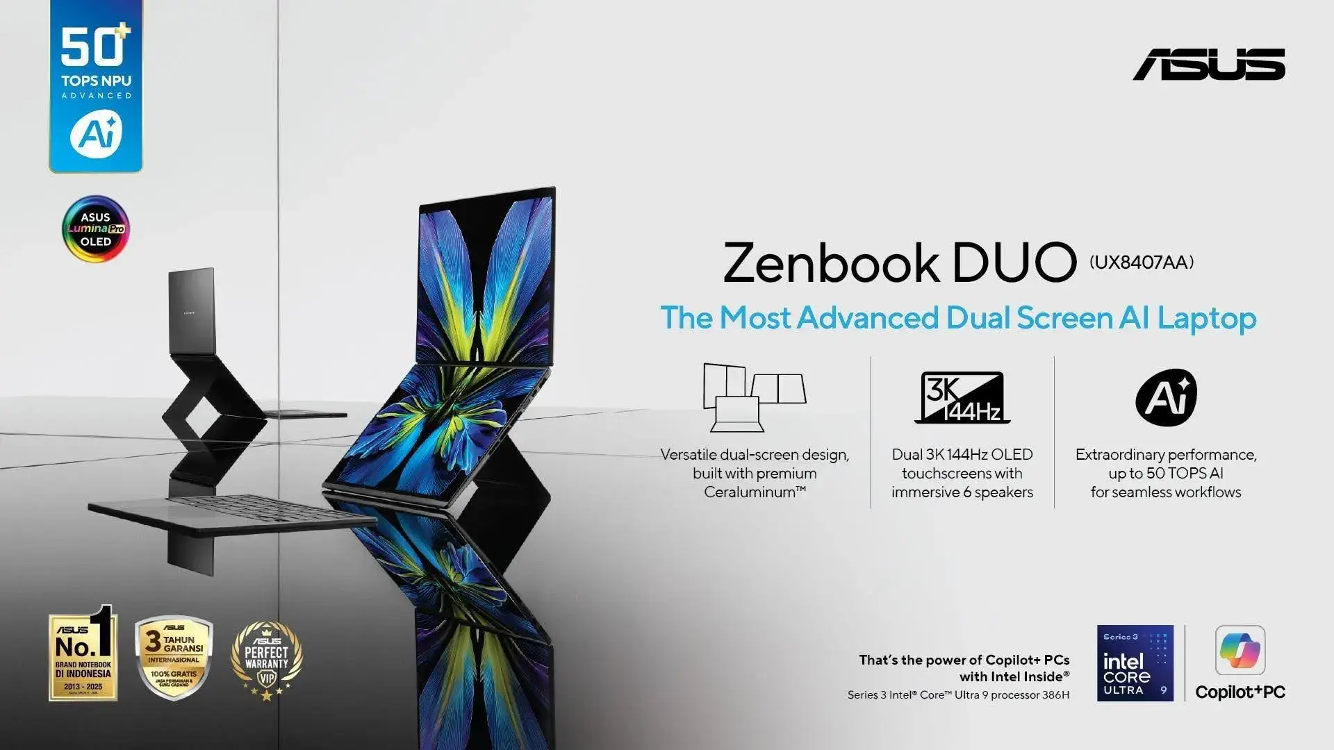 Kelengkapan paket penjualan laptop ASUS Zenbook DUO 2026 beserta aksesoris bawaan seperti stylus pen dan sleeve bag eksklusif.