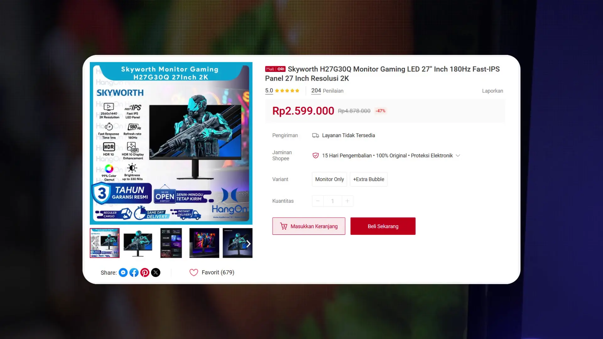 Halaman penjualan e-commerce Shopee Mall yang menampilkan harga Rp2,5 jutaan saat melakukan review Skyworth H27G30Q monitor gaming 2K Fast IPS.