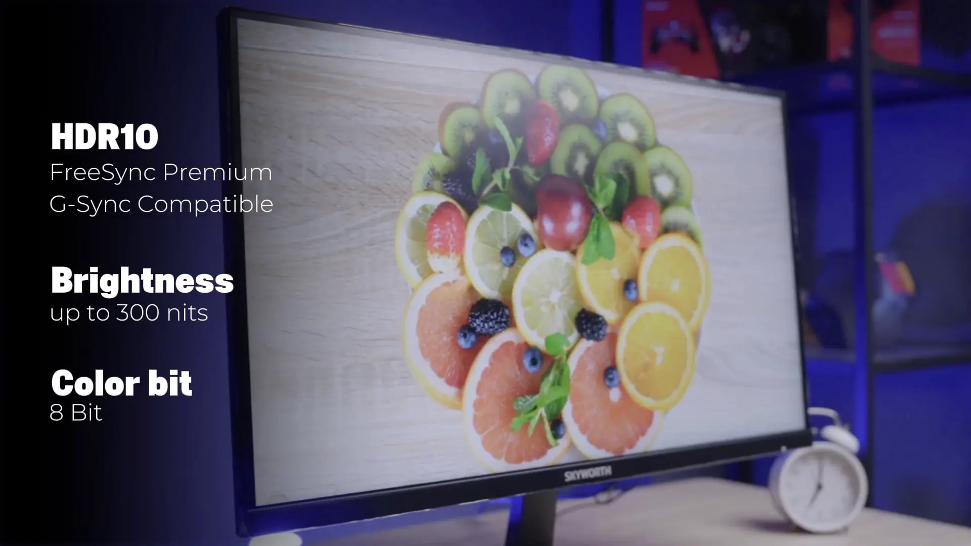 Infografis spesifikasi teknis HDR10, brightness 300 nits, dan 8 bit color saat melakukan review Skyworth H27G30Q monitor gaming 2K Fast IPS.