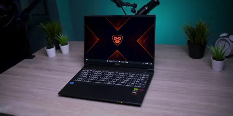 Tampilan fisik sisi depan laptop gaming Axioo Pongo 755 AMD dengan layar 16 inci rasio 16:10 yang menampilkan visual jernih.