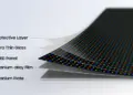 Diagram ilustrasi potongan lapisan layar lipat Samsung Flex Titanium yang menunjukkan komponen Protective Layer, Ultra Thin Glass, OLED Panel, Titanium-alloy Film, dan Titanium Plate.
