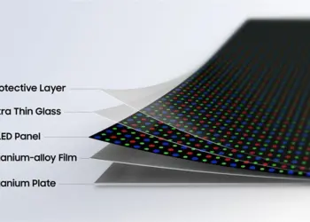 Diagram ilustrasi potongan lapisan layar lipat Samsung Flex Titanium yang menunjukkan komponen Protective Layer, Ultra Thin Glass, OLED Panel, Titanium-alloy Film, dan Titanium Plate.