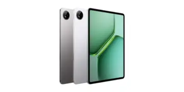 Tampilan bodi belakang dua varian warna abu-abu dan perak bersanding dengan sisi layar depan tablet iQOO Pad 5c yang menyala hijau segar.