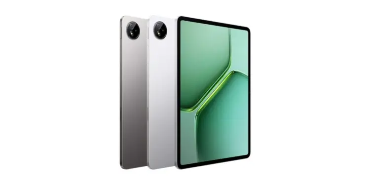 Tampilan bodi belakang dua varian warna abu-abu dan perak bersanding dengan sisi layar depan tablet iQOO Pad 5c yang menyala hijau segar.