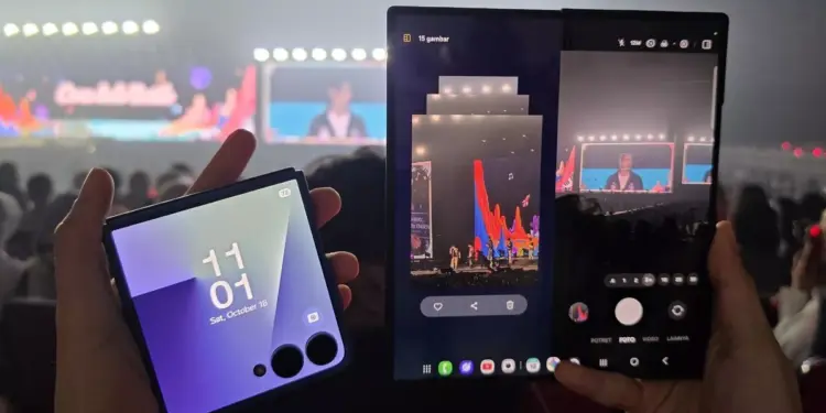 Pengalaman mengabadikan momen menggunakan ponsel layar lipat Samsung di tengah keramaian acara hiburan.