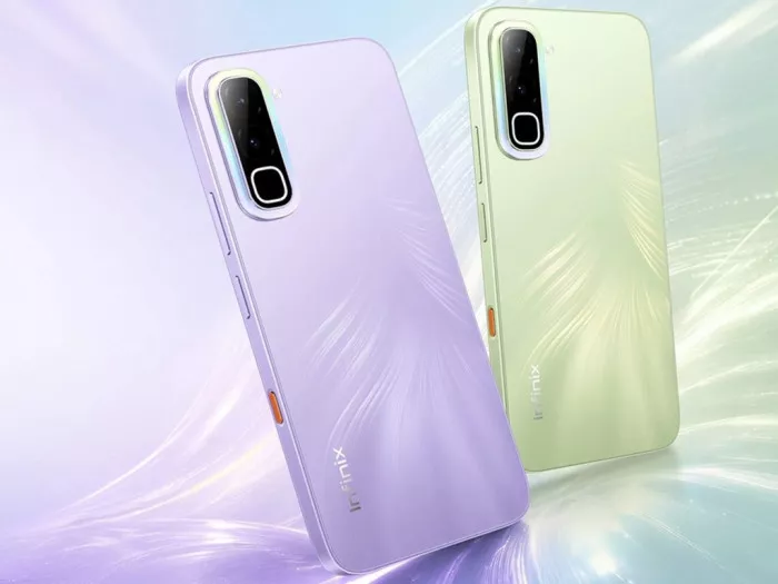 Desain bodi belakang HP Infinix 1 jutaan warna ungu dan hijau pastel dengan modul kamera vertikal yang modern.