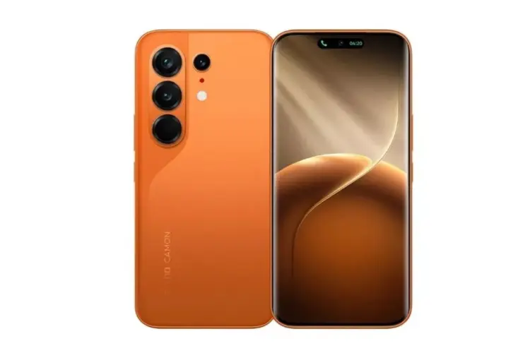 Tampilan depan dan belakang Tecno Camon 50 Ultra 5G varian warna oranye.
