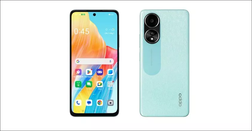 Tampilan depan dan belakang HP OPPO 2 jutaan warna hijau muda dengan layar punch hole dan modul kamera ganda.
