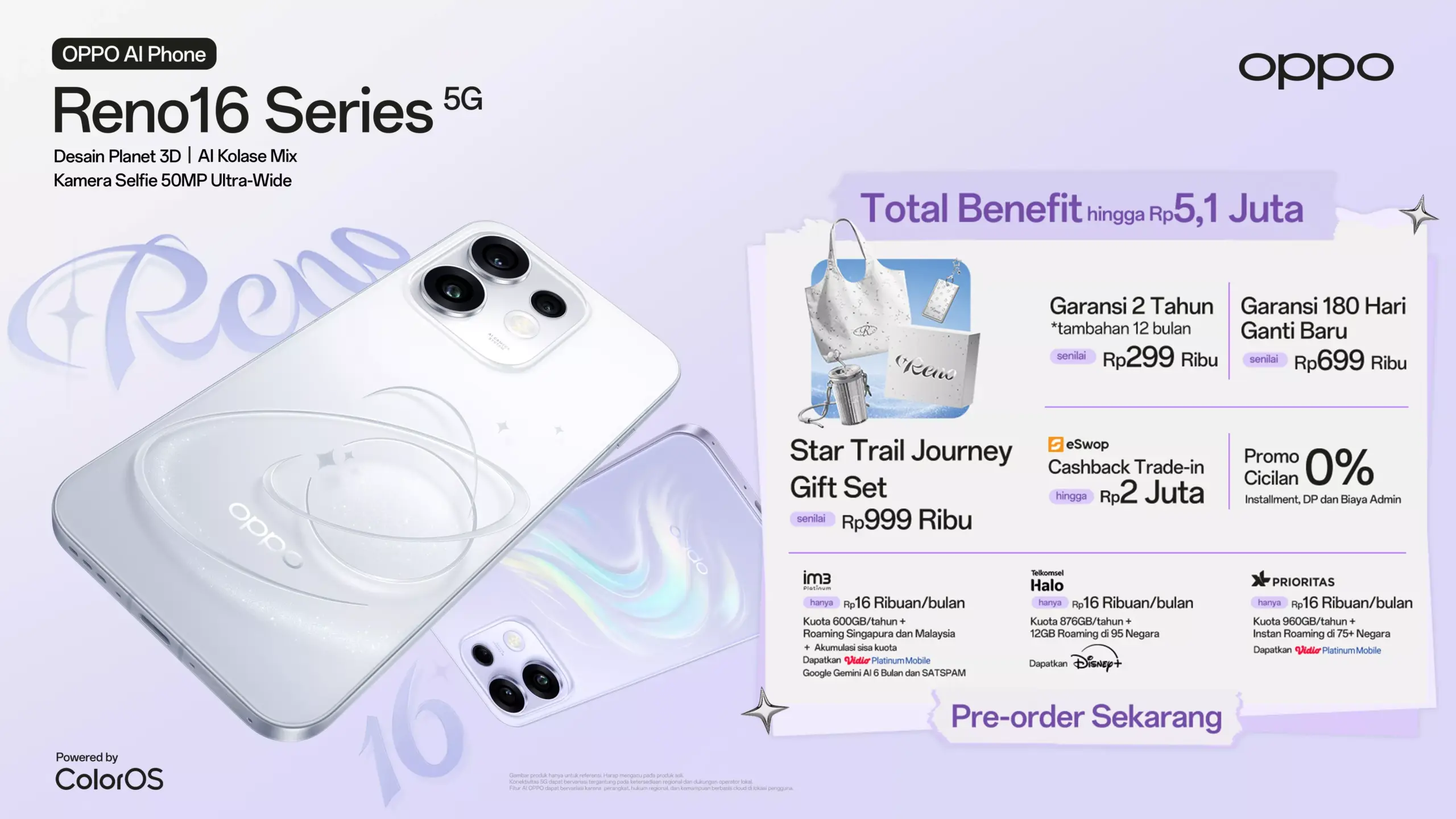 Daftar bonus eksklusif dan paket bundling operator untuk masa pre-order OPPO Reno16 Series 5G.