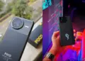 Perbandingan bodi belakang Poco F7 dan Asus ROG Phone 9 dengan lampu AniMe Vision yang menyala.