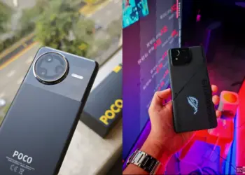 Perbandingan bodi belakang Poco F7 dan Asus ROG Phone 9 dengan lampu AniMe Vision yang menyala.