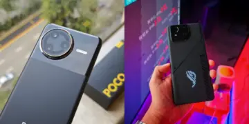 Perbandingan bodi belakang Poco F7 dan Asus ROG Phone 9 dengan lampu AniMe Vision yang menyala.