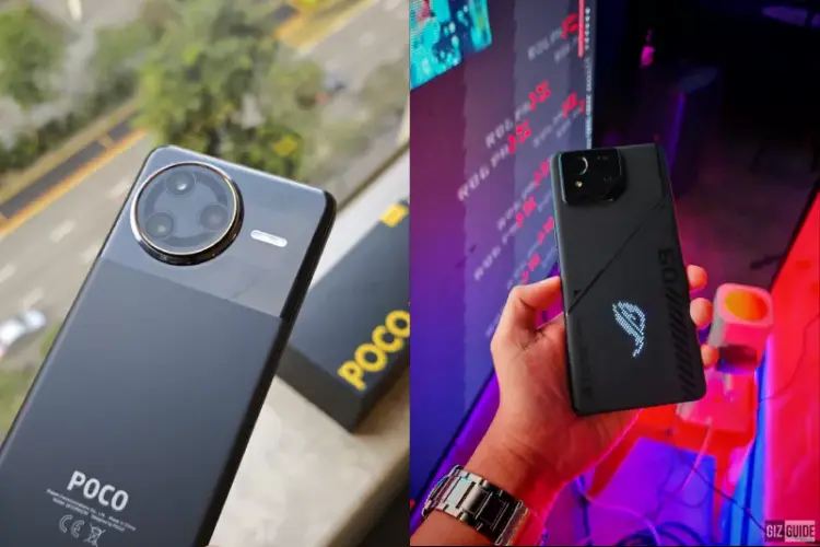 Perbandingan bodi belakang Poco F7 dan Asus ROG Phone 9 dengan lampu AniMe Vision yang menyala.