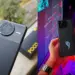 Perbandingan bodi belakang Poco F7 dan Asus ROG Phone 9 dengan lampu AniMe Vision yang menyala.