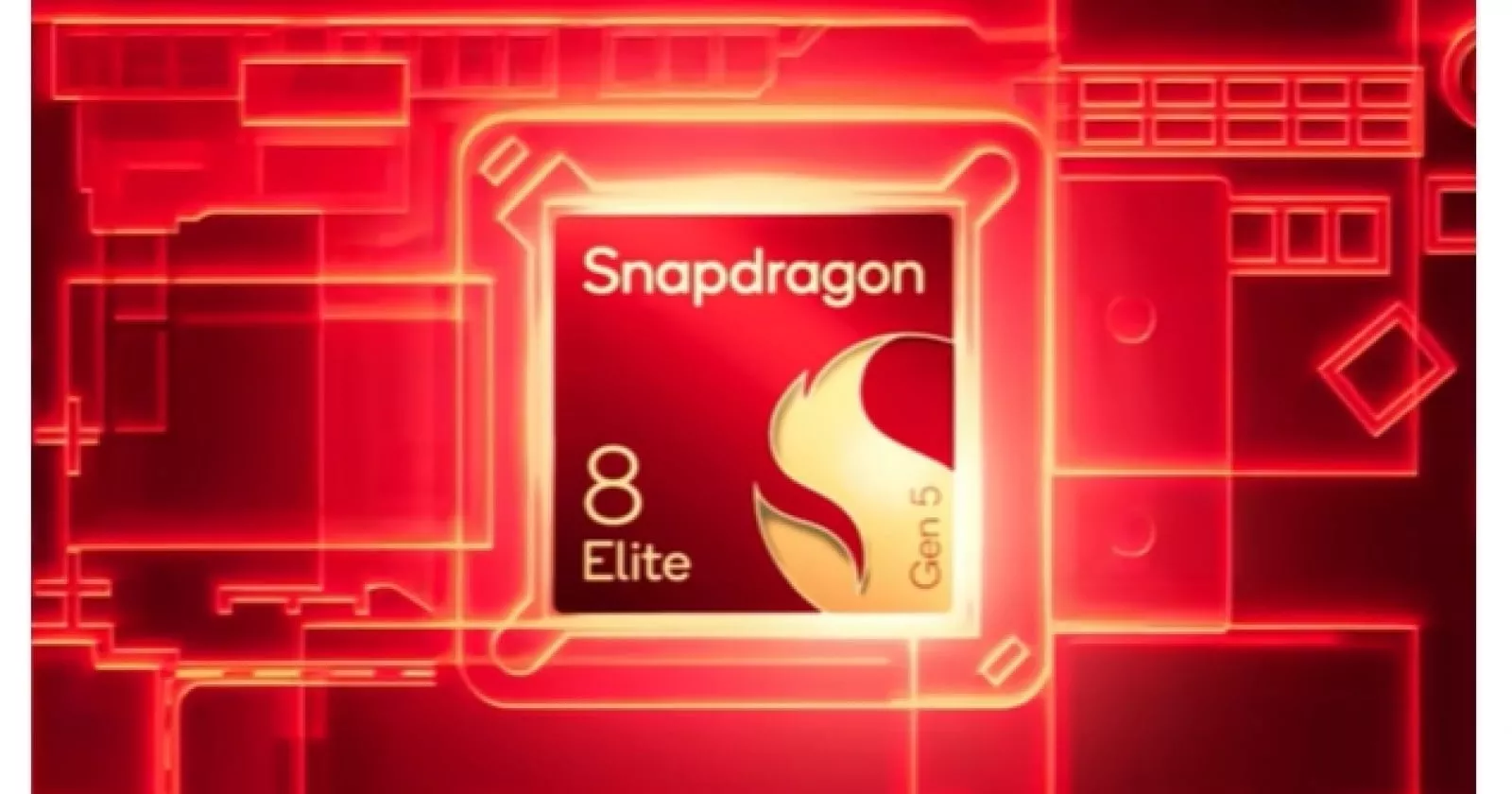 Logo chipset Qualcomm Snapdragon 8 Elite Gen 5 dengan latar belakang sirkuit bernuansa merah.