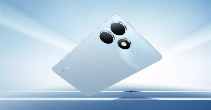 HP realme terbaru warna biru muda melayang memperlihatkan desain bodi dan kamera belakang.