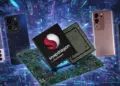 Ilustrasi chipset Qualcomm Snapdragon dikelilingi berbagai merk HP flagship populer.