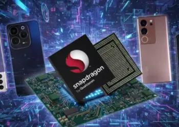 Ilustrasi chipset Qualcomm Snapdragon dikelilingi berbagai merk HP flagship populer.