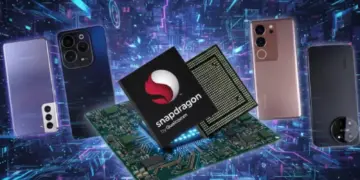 Ilustrasi chipset Qualcomm Snapdragon dikelilingi berbagai merk HP flagship populer.