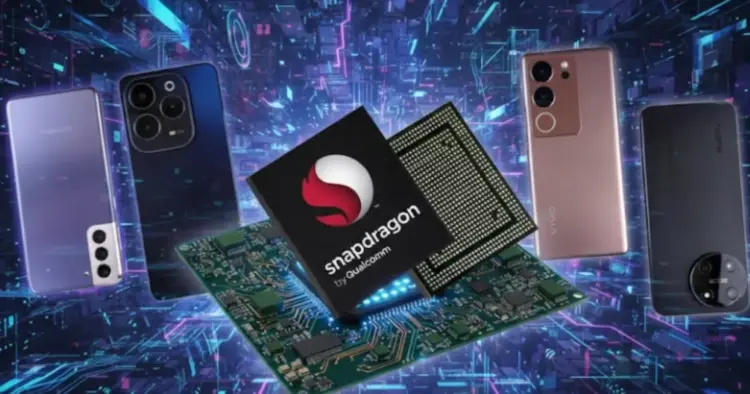 Ilustrasi chipset Qualcomm Snapdragon dikelilingi berbagai merk HP flagship populer.