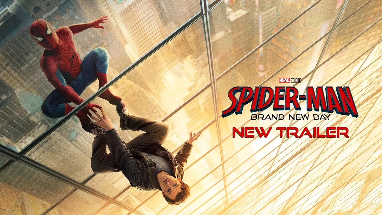 Spider-Man dan Peter Parker merayap di dinding kaca gedung tinggi untuk promosi Spider-Man Brand New Day.