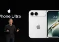 Presentasi panggung dengan teks iPhone Ultra di sebelah gambar render resmi perangkat varian warna putih perak.