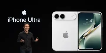 Presentasi panggung dengan teks iPhone Ultra di sebelah gambar render resmi perangkat varian warna putih perak.
