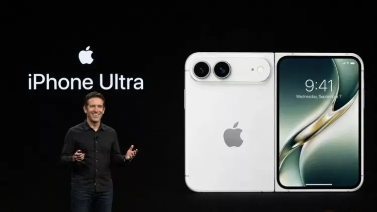 Presentasi panggung dengan teks iPhone Ultra di sebelah gambar render resmi perangkat varian warna putih perak.