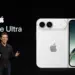 Presentasi panggung dengan teks iPhone Ultra di sebelah gambar render resmi perangkat varian warna putih perak.