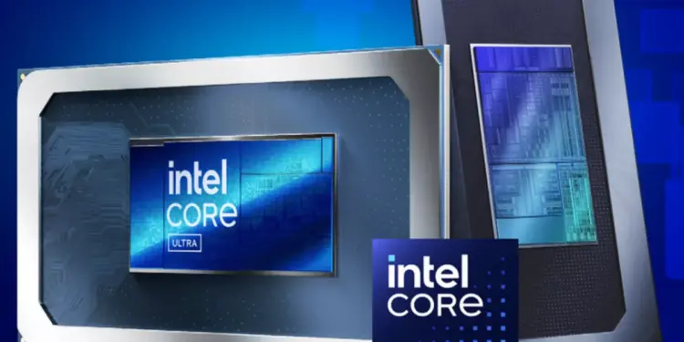 Logo resmi Intel Core Ultra bersama dengan wujud chip prosesor berlatar belakang biru.