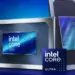 Logo resmi Intel Core Ultra bersama dengan wujud chip prosesor berlatar belakang biru.