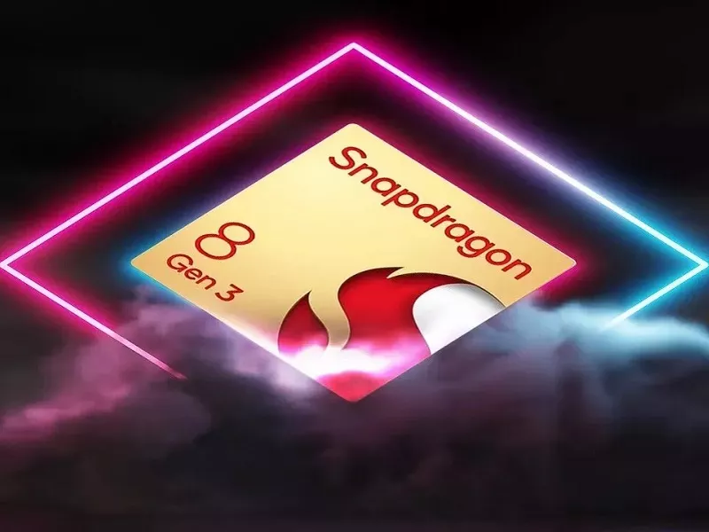 Logo chipset Qualcomm Snapdragon 8 Gen 3 emas dalam bingkai neon bercahaya.