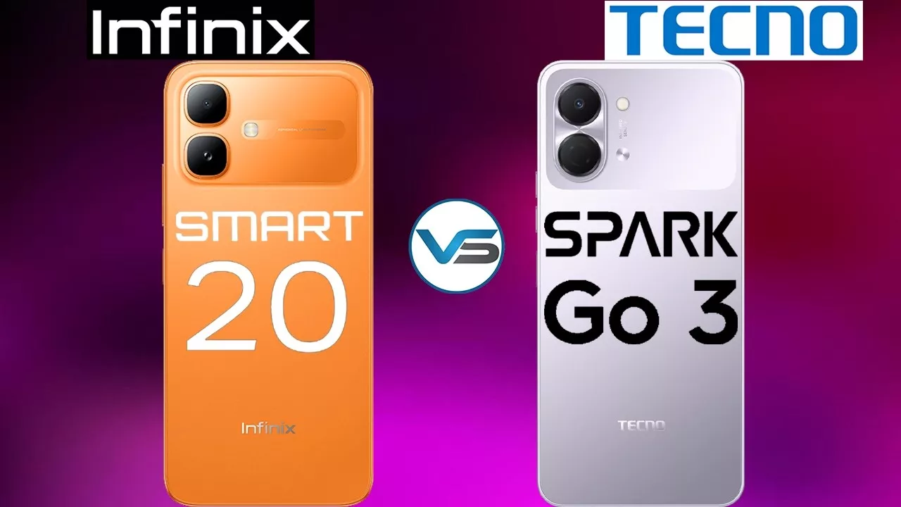 Perbandingan bodi belakang Infinix Smart 20 warna oranye terang dengan Tecno Spark Go 3 warna perak keunguan pastel.